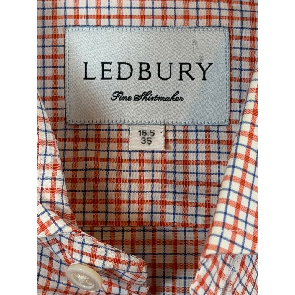 Ledbury Mens 16.5 35 Orange Blue Check Long Sleeve Button Down Dress Shirt Prep